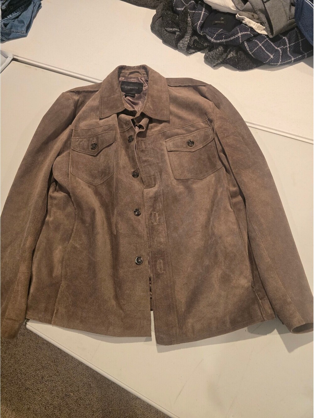 Express XL Brown Suede Leather Jacket with Button Closure